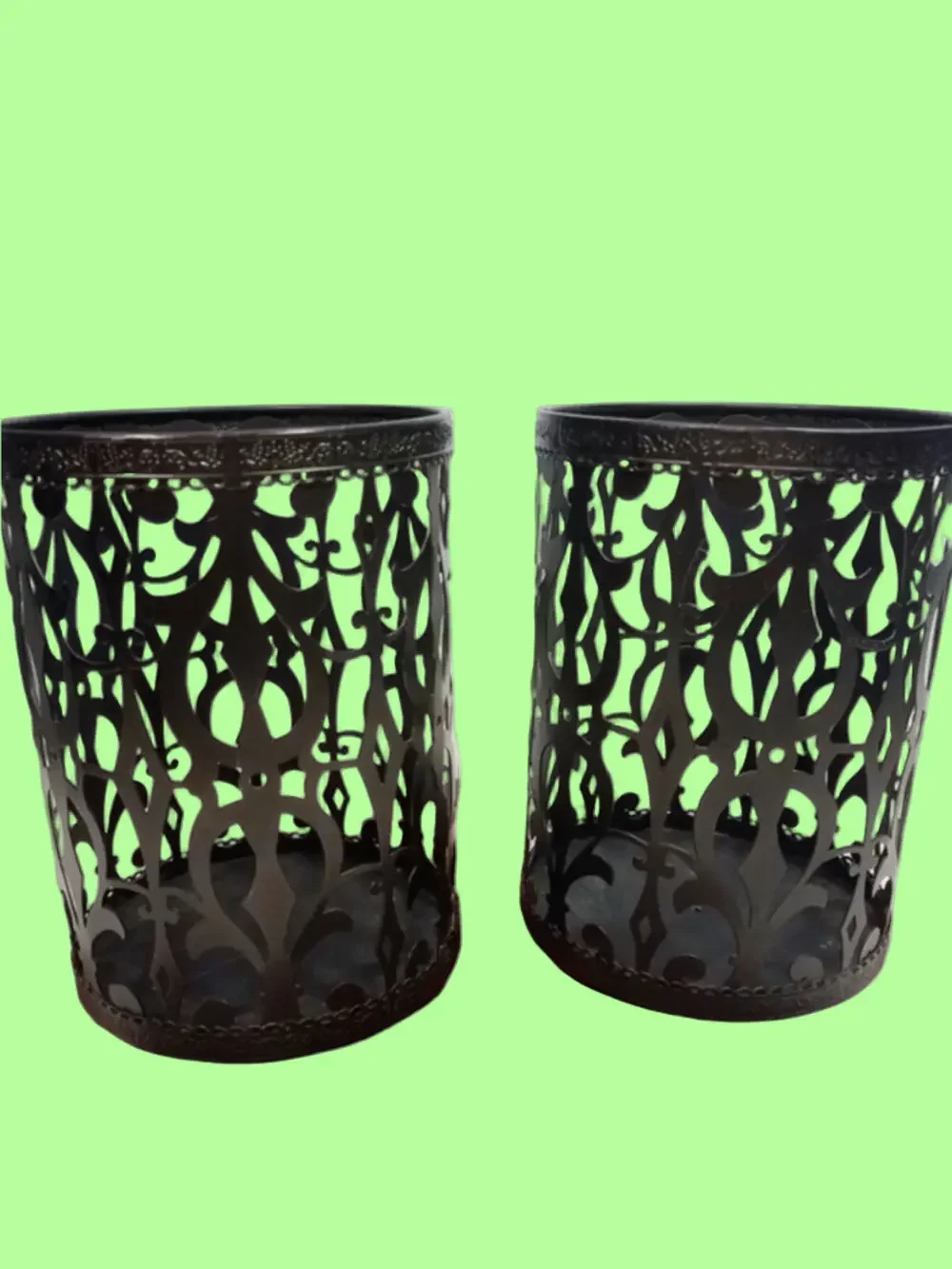 Set of 2 Black Iron Burnout Pillar Candle Holders